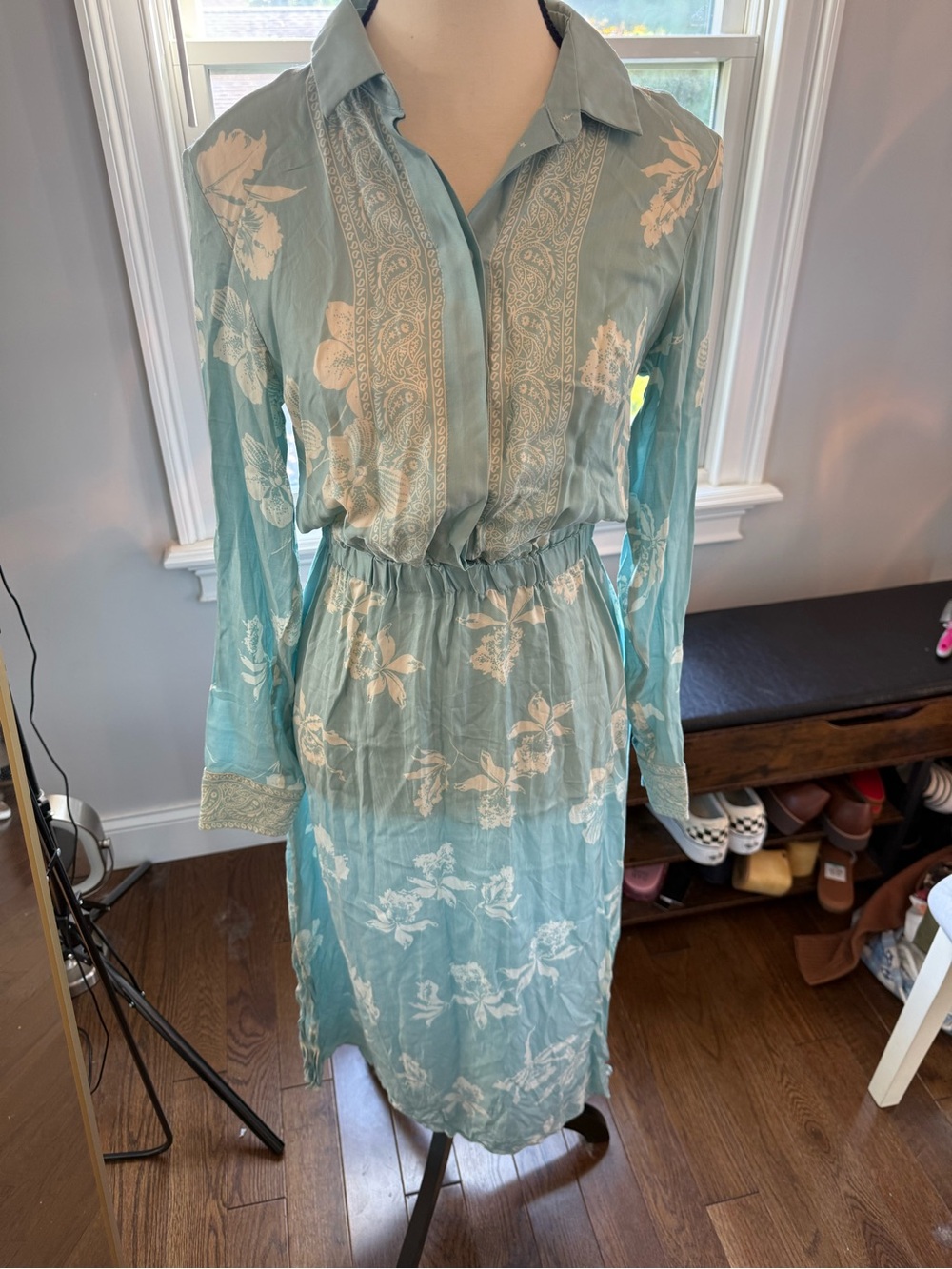 The Kooples Light Blue Floral Long Sleeve  Dress Size 0 Beautiful Color PTP 18